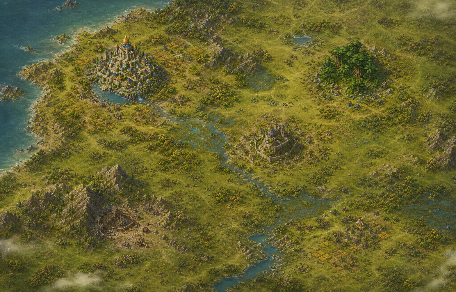 Approved World of Gonz art direction: a continuous illustrated landscape with a coastal city, castle, villages, farms, mountains and woodland